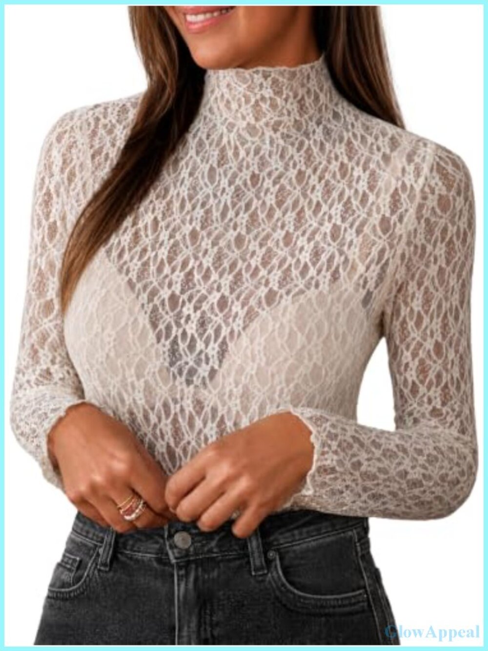 Simplee Womens Lace Undershirt Mock Neck Mesh Sheer Long Sleeve Top
